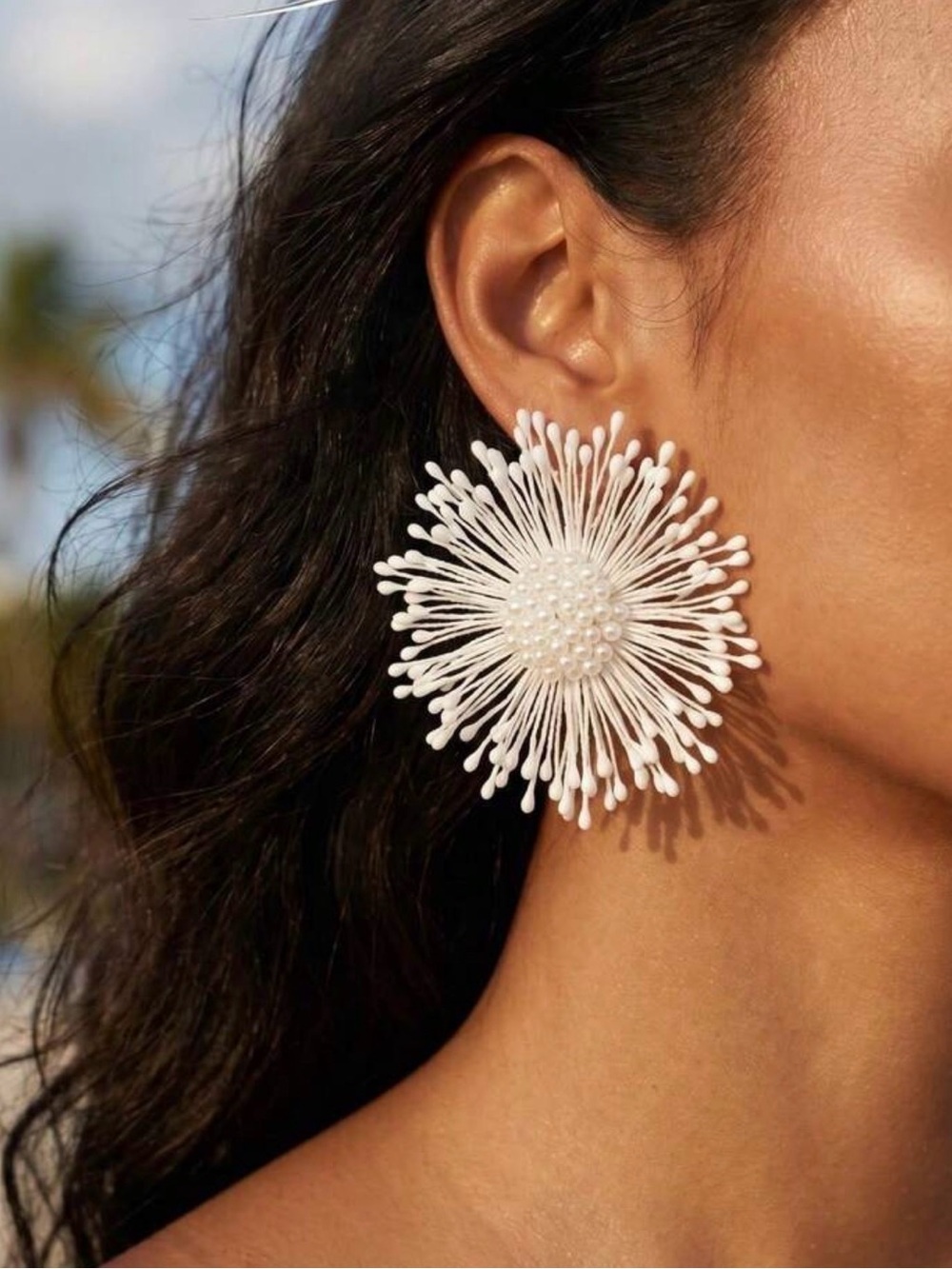 White Floral Burst Statement Earrings - Brand